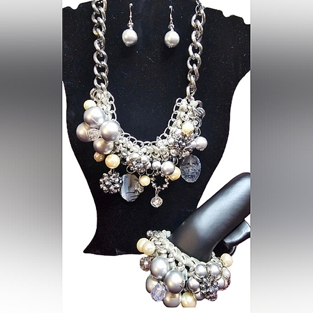 Elegant Silver, Rhinestone, And  Pearl Statement Necklace, Bracelet, Earring Set
